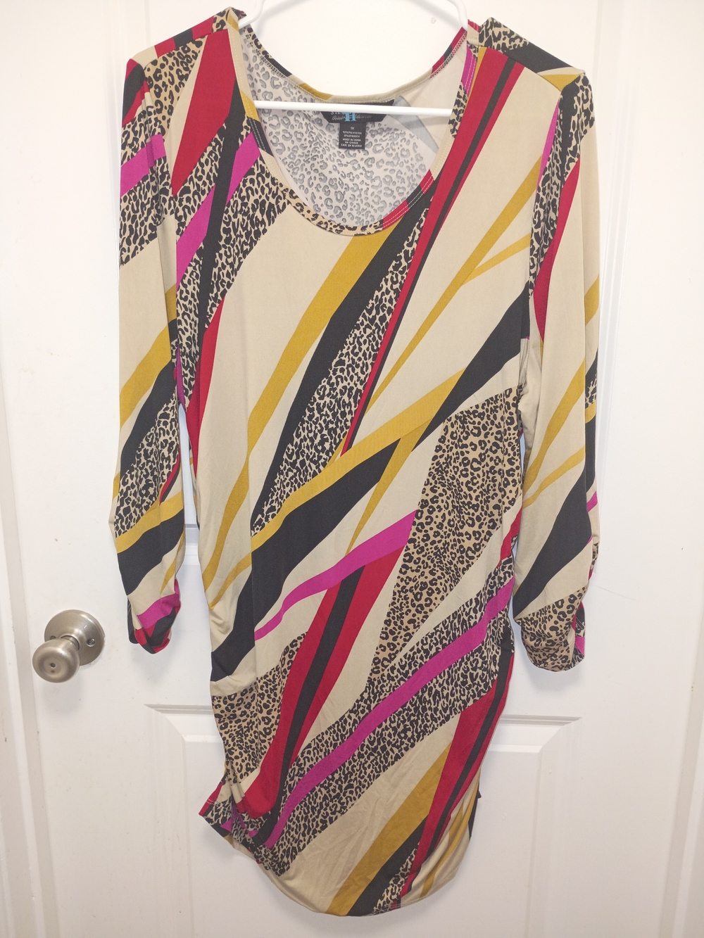 Long-Sleeve Leopard & Stripe Print Dress in Beige, Pink & Black - Picture 3 of 9